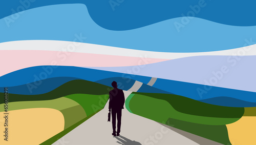 businessman standing on the path looking at scenic landscape, career success, new job, leadership, career path to success. 