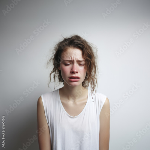 Beautiful young woman sad and crying. Grey background.