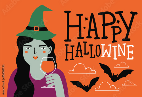 Vector illustration of witch in hat with glass of red wine and lettering phrase Happy Hallowine. Funny typography poster, party invitation print design