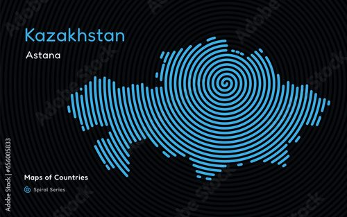 Creative map of Kazakhstan. Political map. Astana. Capital. World Countries vector maps series. Fingerprint Spiral series	