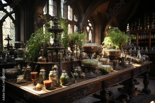 A medieval apothecary shop filled with herbs  potions  and remedies for various ailments. Generative Ai.