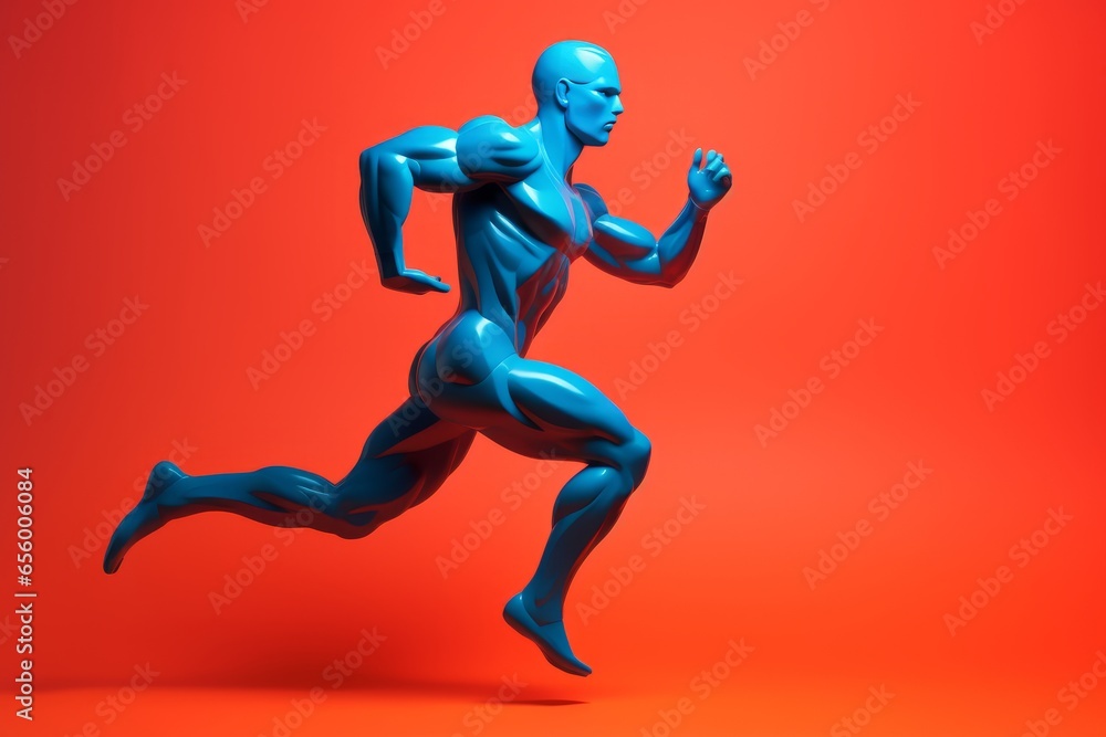 3D Silhouette of a blue running man made of plasticine on red background Generative ai 3D Silhouette of a blue running man made of plasticine on red background Generative ai