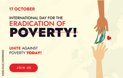 International day for the Eradication of Poverty. 17th October. World Day to Overcome Poverty. Facebook and social media post. Fight Poverty. Hand giving money. Vector. October 17. Light colour