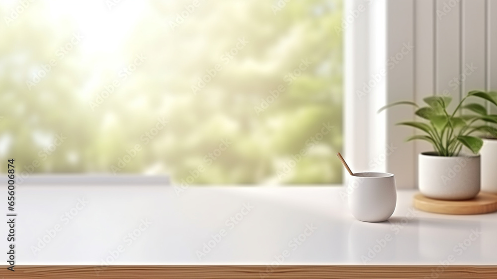 White table with a pot and a cup of coffee on the background of the window generativa IA White table with a pot and a cup of coffee on the background of the window generativa IA