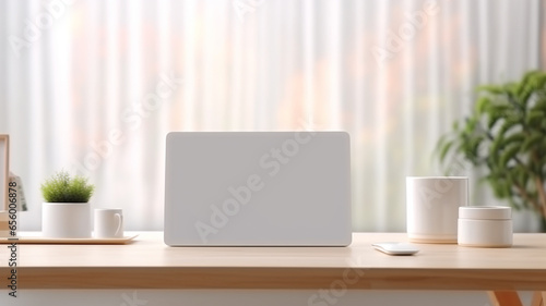 Modern workspace with laptop computer and coffee cup on wooden table. 3d rendering generativa IA