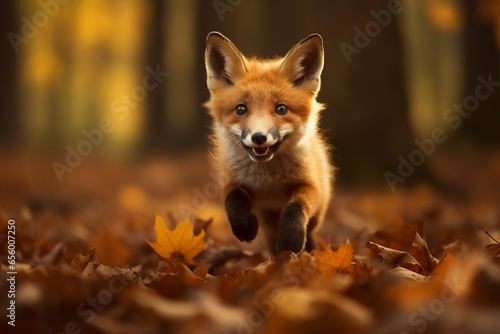 Cute Fox runs through autumn leaves Generative Ai © Moonpie