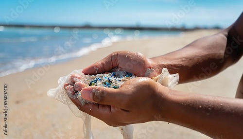  Microplastics are contaminated in the sea. Concept of water pollution and global warming,  Concept of water pollution and global warming hands on beach