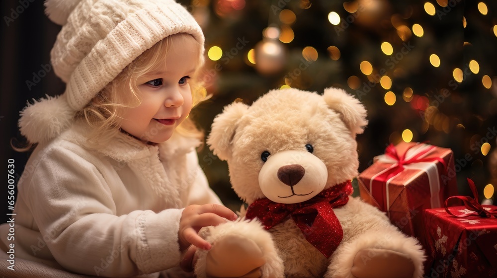 magic of Christmas as a cute, curly toddler girl sits indoors with her beloved toy bear, eagerly awaiting the joyous Xmas Eve celebration magic of Christmas as a cute, curly toddler girl sits indoors with her beloved toy bear, eagerly awaiting the joyous Xmas Eve celebration
