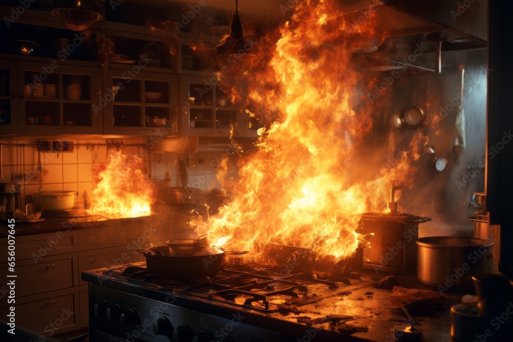 A major fire that broke out in a kitchen after a Grease fire Generative Ai