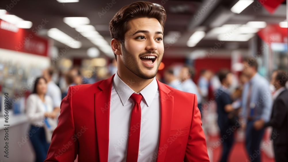 A young, ultra-handsome manager in a stylish blue dress exudes excitement and surprise at a Christmas party, radiating joy as he welcomes 2024. A young, ultra-handsome manager in a stylish blue dress exudes excitement and surprise at a Christmas party, radiating joy as he welcomes 2024.