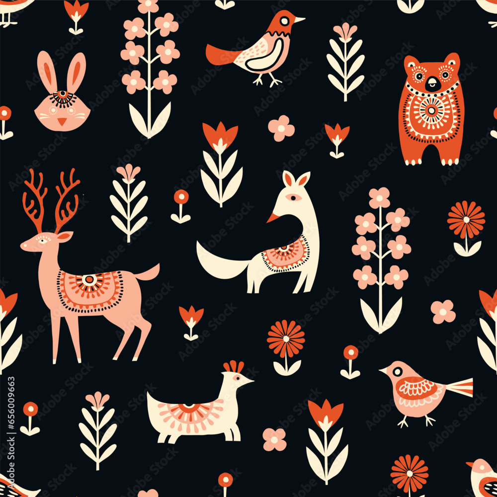 Whimsical Nordic Wildlife Seamless Pattern Whimsical Nordic Wildlife Seamless Pattern