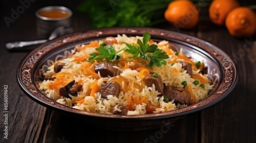 A bowl of rice with carrots and mushrooms. Imaginary illustration. Uzbec plov, pilaf dish.