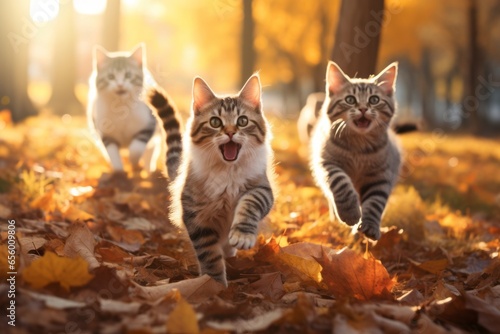 Obraz na plátně Three cute kittens run through foliage of a forest in autumn Generative Ai