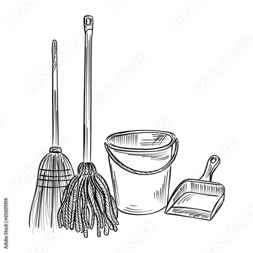 line art vector sketch of sweeping set. Dustpan and mop pencil drawing.