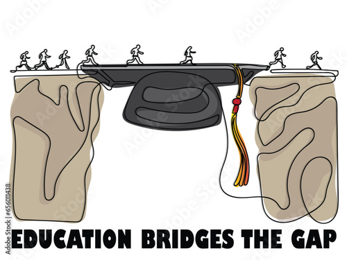 Line art of Education career opportunities concept as a group of graduating university students crossing a mortarboard or graduation cap as a bridge to opportunity and bridging the gap for success.