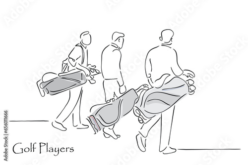 Line art vector of golf players in golf clu with bags walking on the course