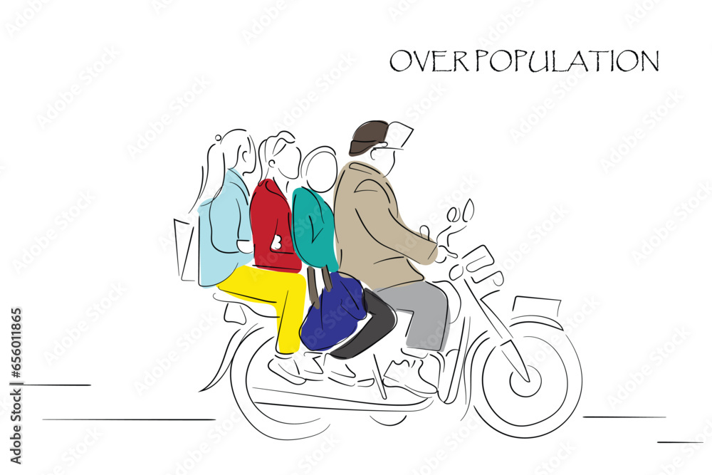Obraz premium Line art vector of many people riding a bicycle. Concept of over population and its consequences.