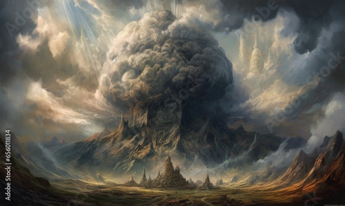 Vulcano explosion fire smoke landscape city mystic poster alien steampunk wallpaper fantastic © Plan