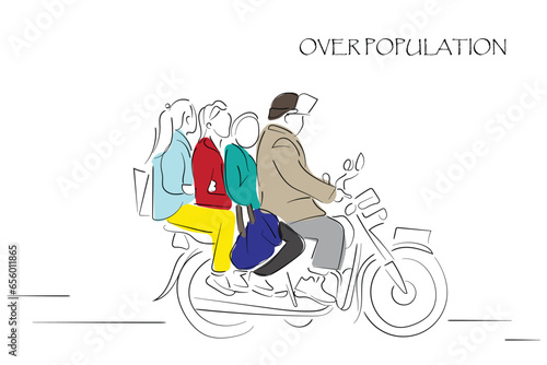 Line art vector of many people riding a bicycle. Concept of over population and its consequences.