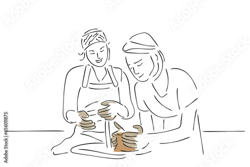 Hand drawn line art vector of Pottery class tutorial. Pottery tools. Pottery illustration