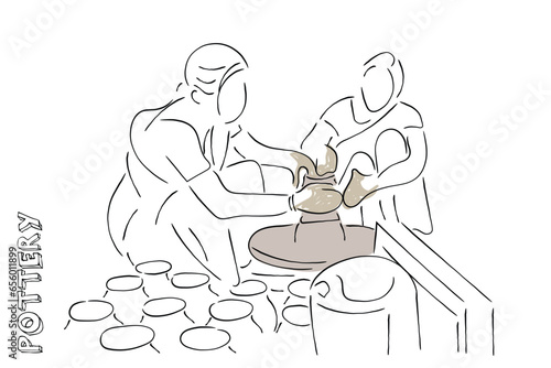 Hand drawn line art vector of Pottery class tutorial. Pottery tools.