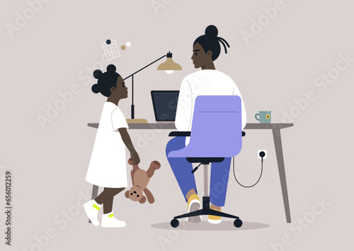 The working from home concept, a character at their desk, momentarily disrupted by their bored child seeking attention