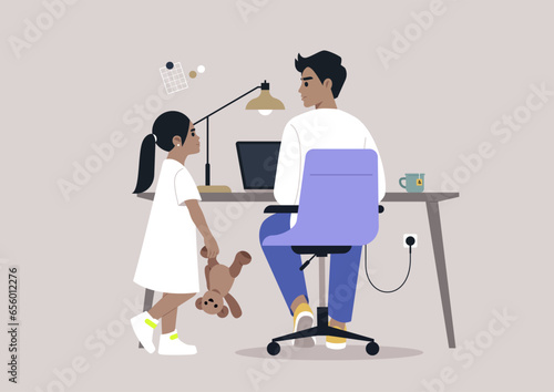 The working from home concept, a character at their desk, momentarily disrupted by their bored child seeking attention