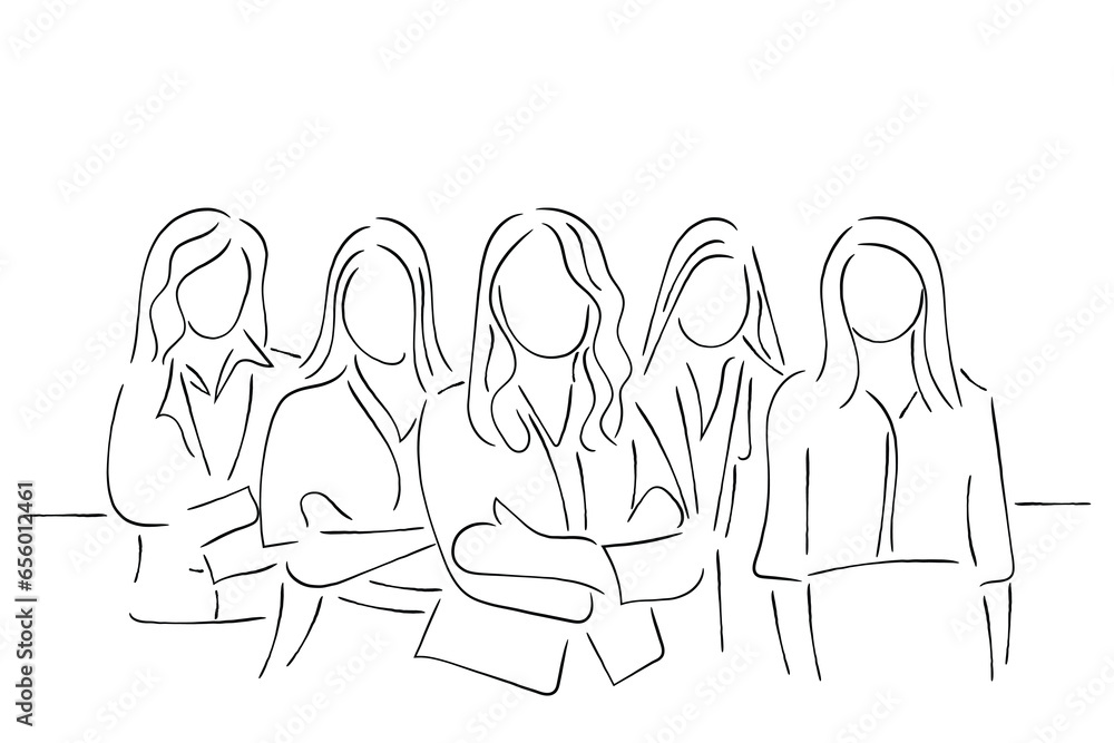 Hand drawn line art vector of a group of women entrepreneurs. Women in business art Hand drawn line art vector of a group of women entrepreneurs. Women in business art
