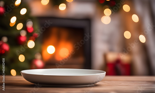 Christmas table  empty plate  blurred fireplace