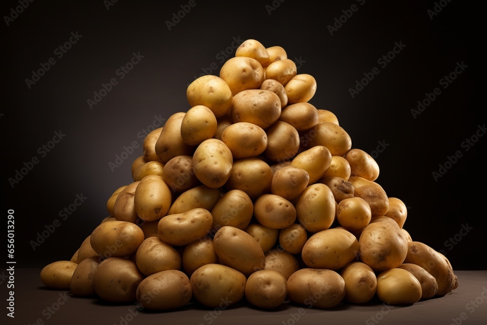 A big mountain of mostly waxy potatoes against a black background Generative Ai A big mountain of mostly waxy potatoes against a black background Generative Ai