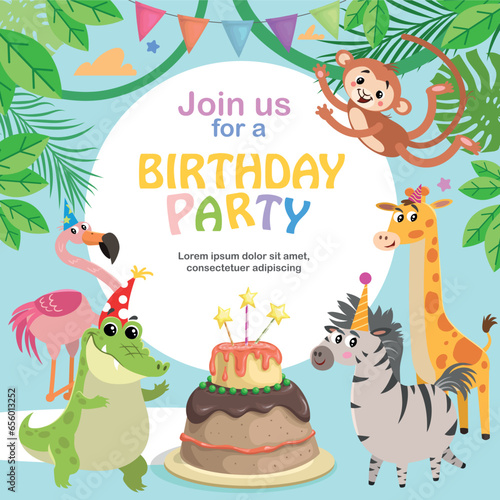 Birthday greeting  invitation card template. Cute african animals and cake. Funny Jungle party. Vector illustration.