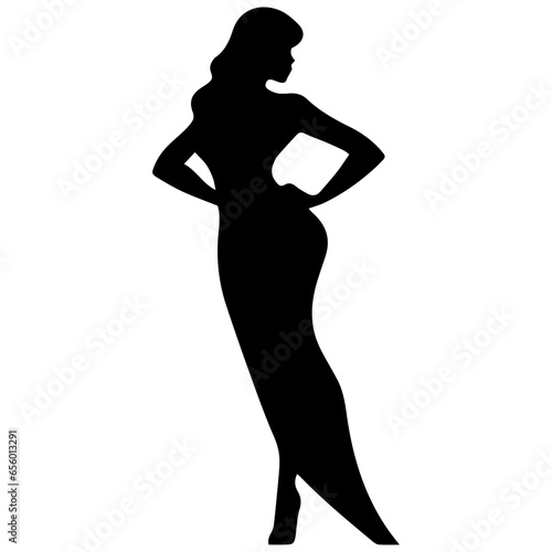 Vector silhouette of a slim young woman standing  black color  isolated on white background