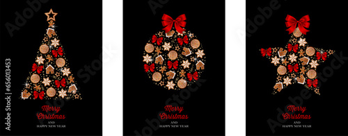 set of christmas cards with gingerbread cookies and decorations