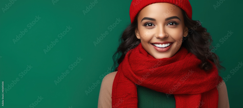 Beautiful Young Latin Woman with Red Hat and Scarf with Copy Space on a emerald Background Beautiful Young Latin Woman with Red Hat and Scarf with Copy Space on a emerald Background
