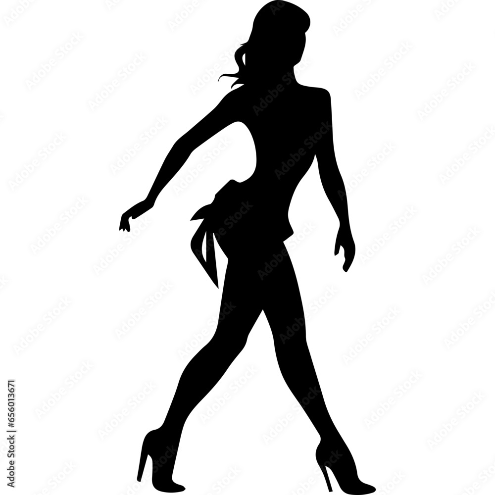 Vector silhouette of a slim young woman standing, black color, isolated on white background