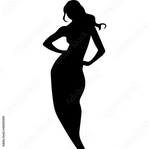 Vector silhouette of a slim young woman standing, black color, isolated on white background