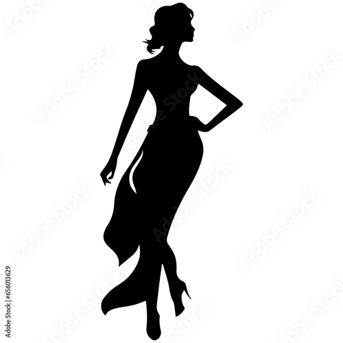 Vector silhouette of a slim young woman standing  black color  isolated on white background
