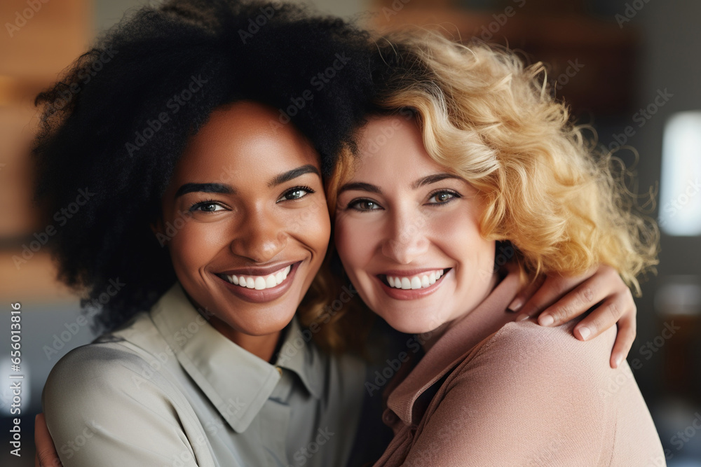 Happy diverse ethnic female colleagues coworkers show friendship at workplace, unity and support at work Happy diverse ethnic female colleagues coworkers show friendship at workplace, unity and support at work