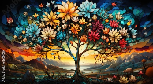 A painting of a tree with colorful flowers. Fiction  made with AI.