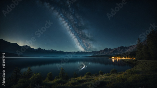 Dark landscape, trees, starry night, stars, galaxy in the sky, mountains in the distance, lake.