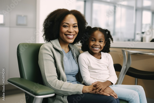 Happy African American mother and daughter sitting in waiting room at hospital