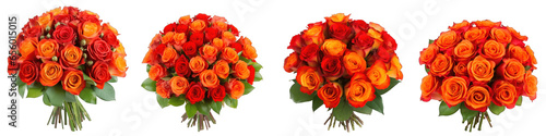 Large flower arrangement or bouquet with many red-orange roses isolated on transparent background generative ai