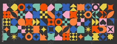 Colorful abstract shapes background in bauhaus style. Geometric posters in trendy retro naive style. Flat vector illustration on black background.