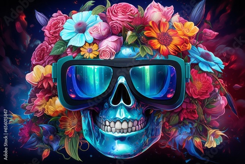 A skull with virtual reality glasses and colorful floral headdress Generative ai