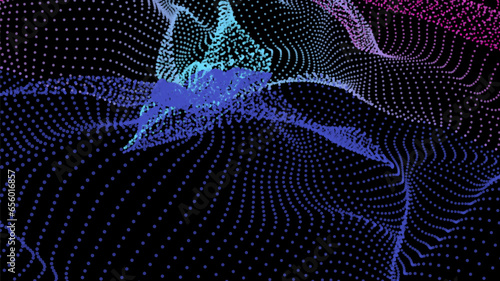 Energy net flows. Dot particle lines penetrating fog. Neon lights plexus of knots. Curved node row space infinity. Linking funnel universe parameters. Background information technology presentation.