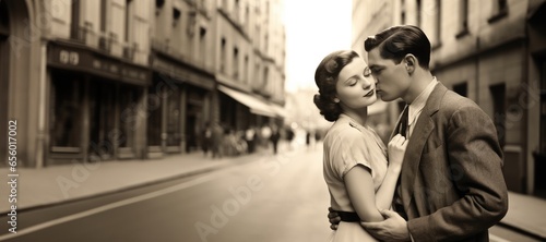 Fototapeta Naklejka Na Ścianę i Meble -  young couple kissing with passion in an European city street in 1930s . monochromatic vintage. 