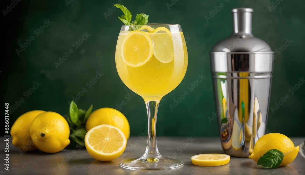 Bartender mixer and a glass of lemonade with lemon slices and fresh mint, green background
