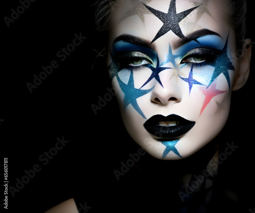 Fashion editorial Concept. Closeup portrait pretty woman with chiseled features, colourful iridescent stars metallic Glitter stmakeup. illuminated dynamic composition dramatic lighting. copy space