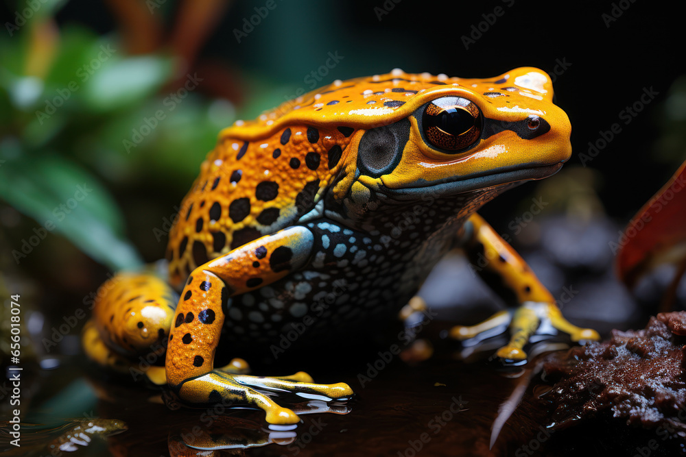 Fototapeta premium A vibrant golden poison dart frog, native to the rainforests of Colombia. Concept of vibrant biodiversity. Generative Ai.
