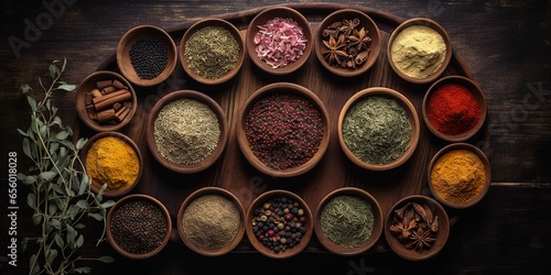 Aromatic seasoning collection in wooden bowl indoors